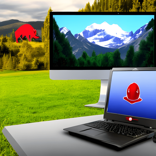 Stable Diffusion Image, "computer with redhat logo on screen, in a field with mountains and a dinosaur in the background"