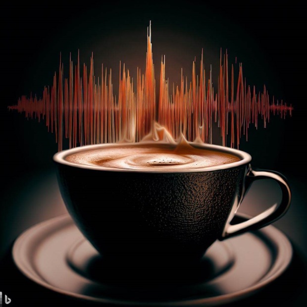 A cup of java with audio waves behind it, from Bing image creator
